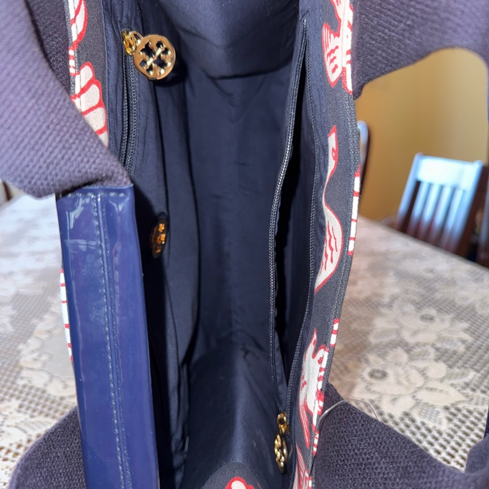 Tory Burch Black & White Canvas Tote with Red Accent - Picture 8 of 13